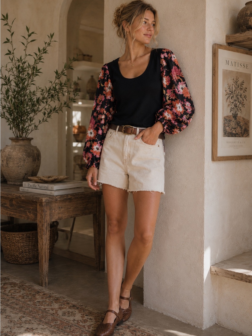 Dolan Athropologie Puff Floral Sleeve Ribbed Top Black‎ Pink Multicolor Medium